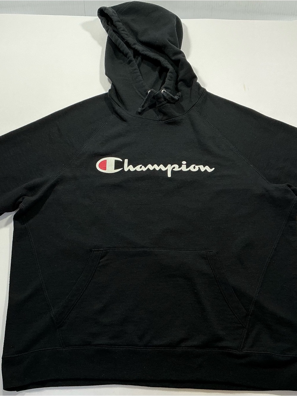Champion Black Hoodie with White Script and Red Accent